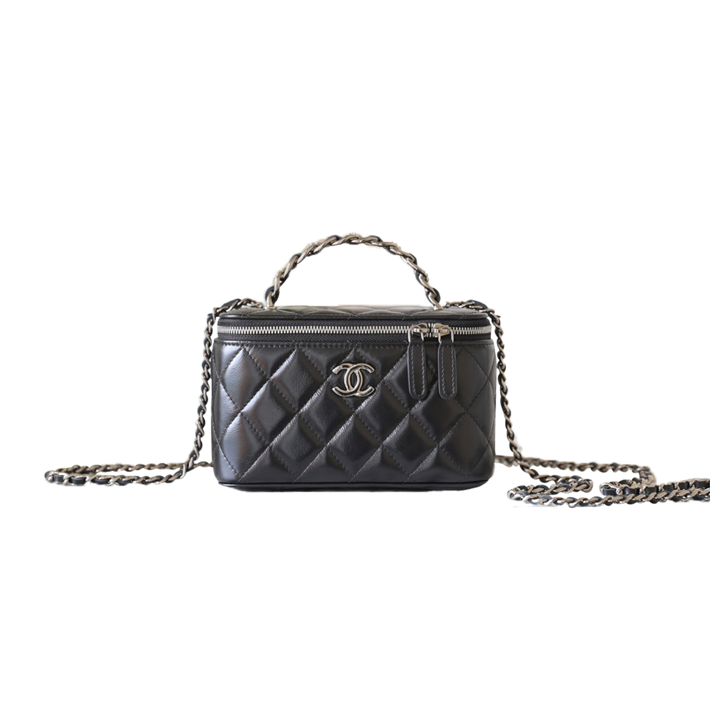 Ch*el master shiny calfskin quilted small crystal top handle vanity case with chain black a96030 (17*9.5*7.8cm)